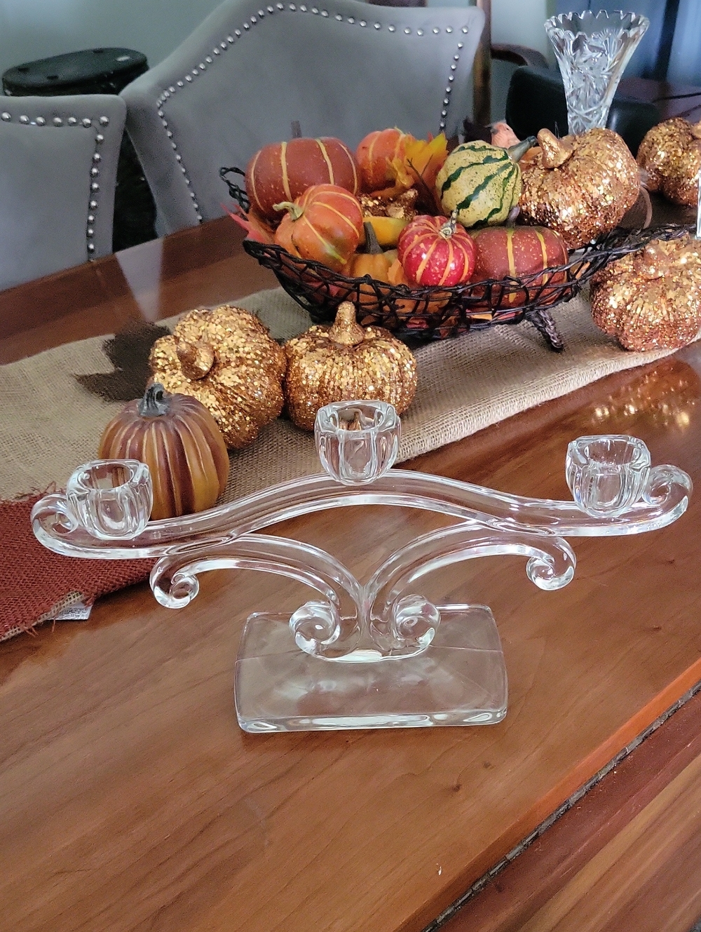 Viking Glass Vintage 3 Light Holder Clear Crystal Scroll Candelbra